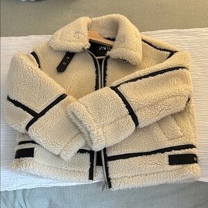 Zara Beige Sherpa Jacket with Black Trim